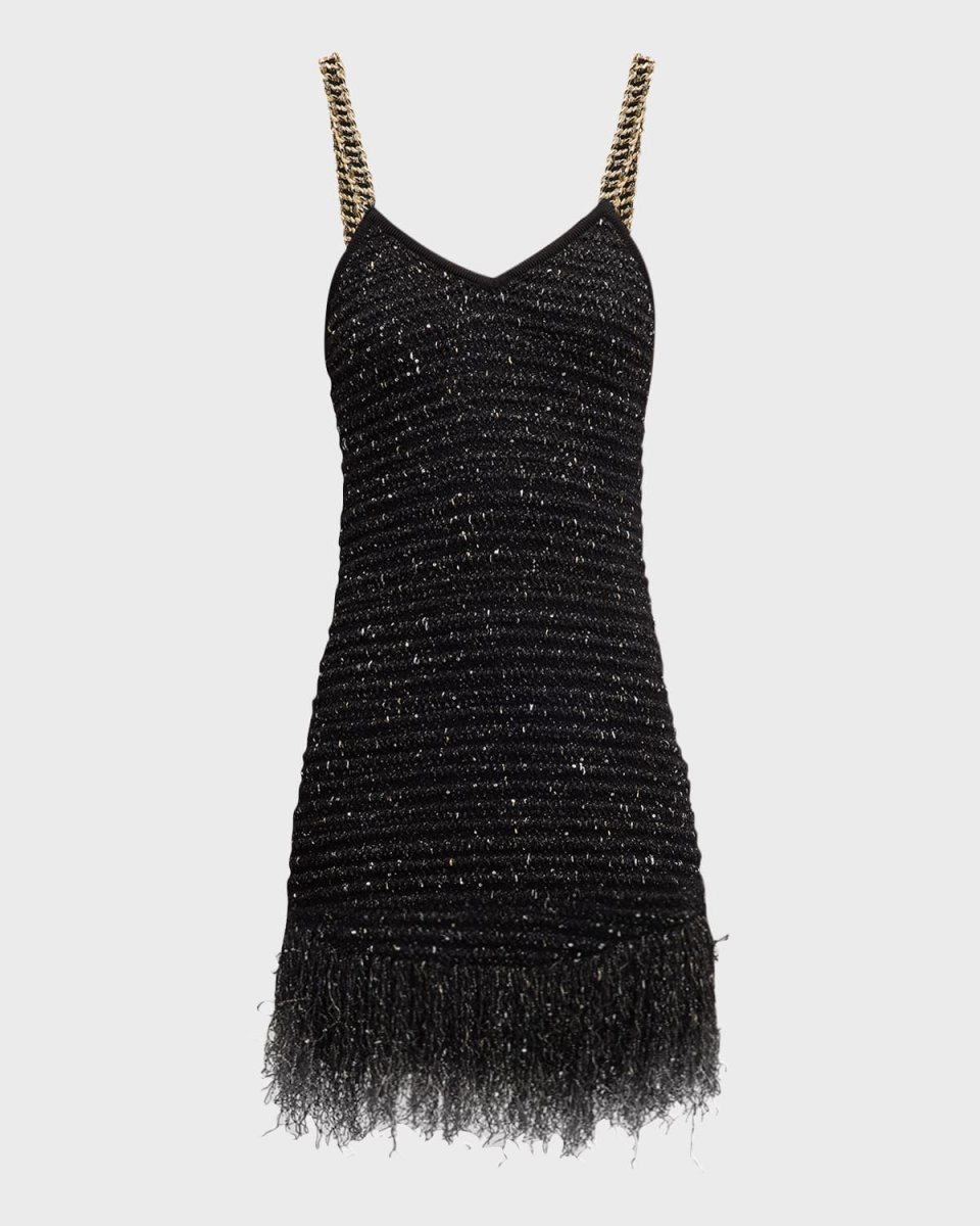 Fringed Hem Tweed Mini Dress with Chain Straps